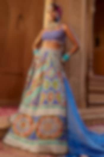 Multi-Colored Raw Silk Printed & Embroidered Wedding Lehenga Set by Kalista at Pernia's Pop Up Shop