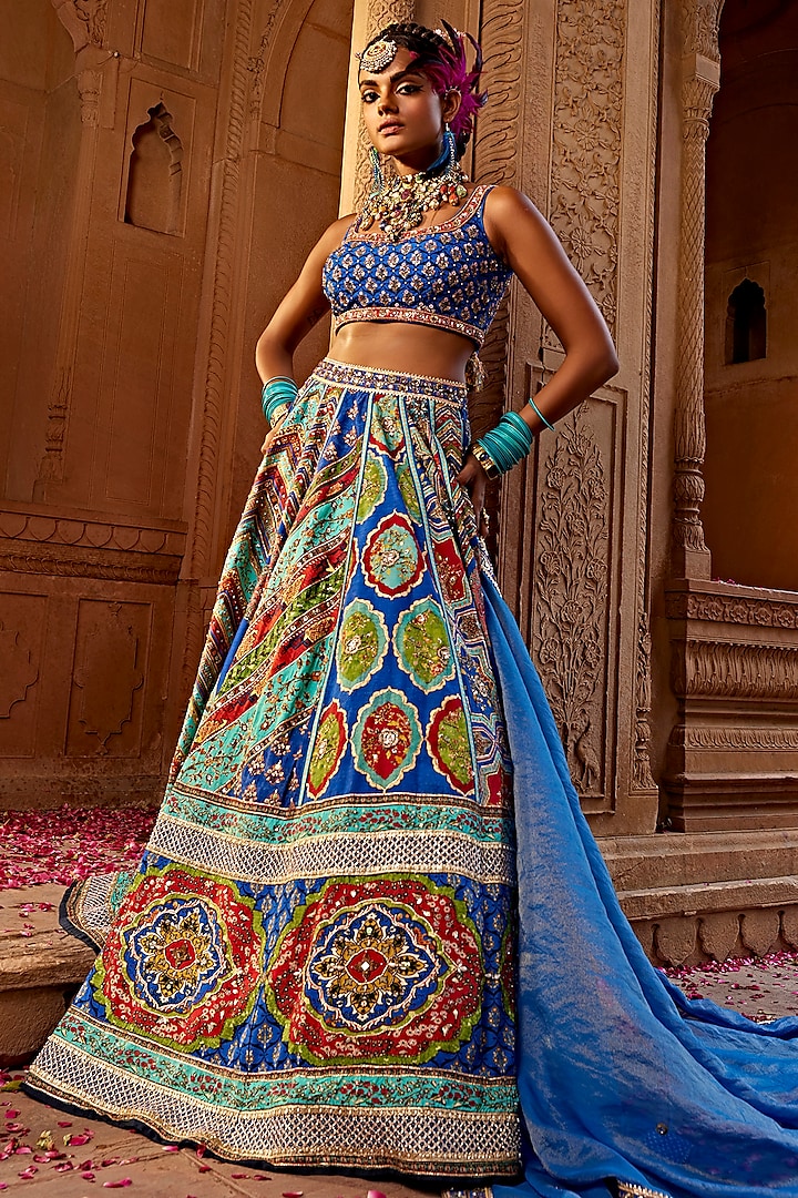 Multi-Colored Raw Silk Printed & Embroidered Wedding Lehenga Set by Kalista at Pernia's Pop Up Shop