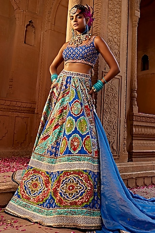 Multi-Colored Raw Silk Printed & Embroidered Lehenga Set by Kalista
