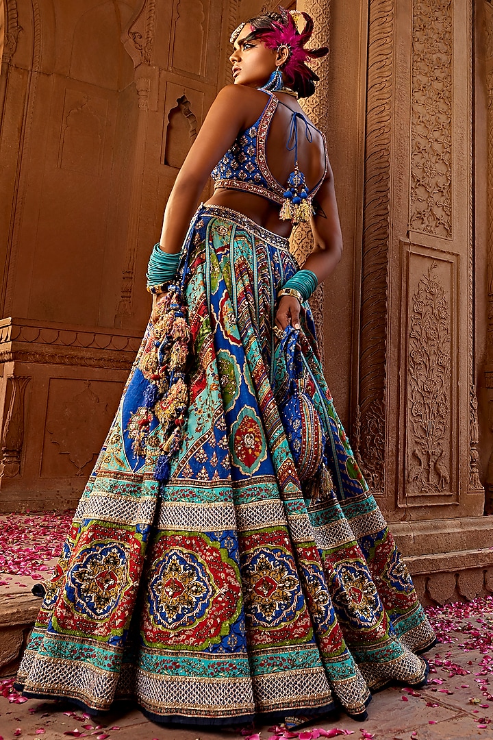 Multi-Colored Raw Silk Printed & Embroidered Wedding Lehenga Set by Kalista at Pernia's Pop Up Shop
