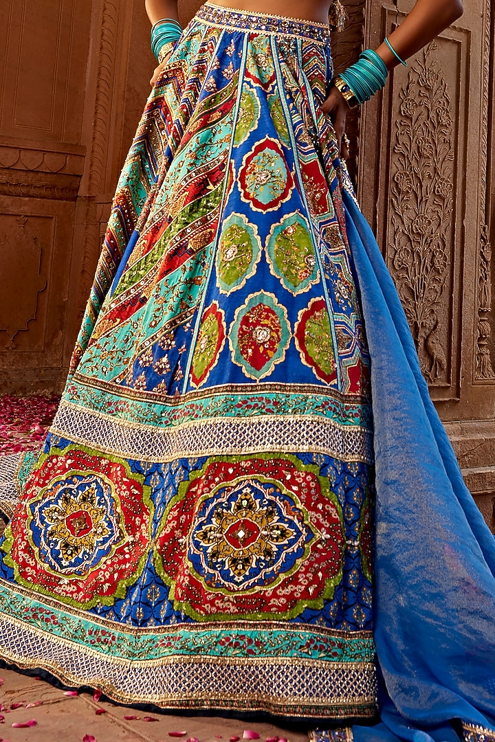 Multi-Colored Raw Silk Printed & Embroidered Wedding Lehenga Set by Kalista at Pernia's Pop Up Shop