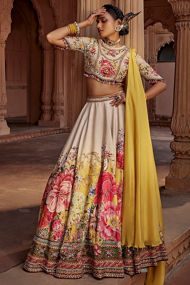 Off-White Raw Silk Hand Embroidered Lehenga Set Design by Kalista at ...