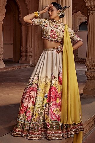 Off-White Raw Silk Hand Embroidered Lehenga Set by Kalista