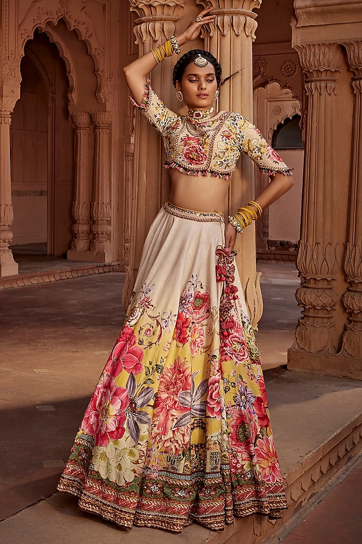 Off-White Raw Silk Hand Embroidered Wedding Lehenga Set by Kalista at Pernia's Pop Up Shop