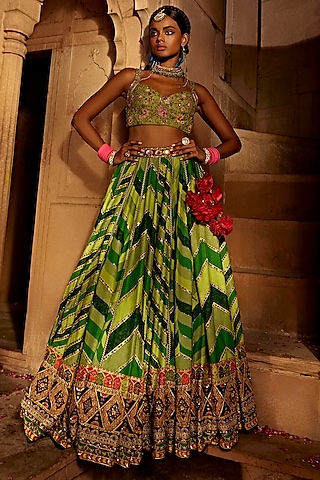 Green Raw Silk Printed Lehenga Set by Kalista
