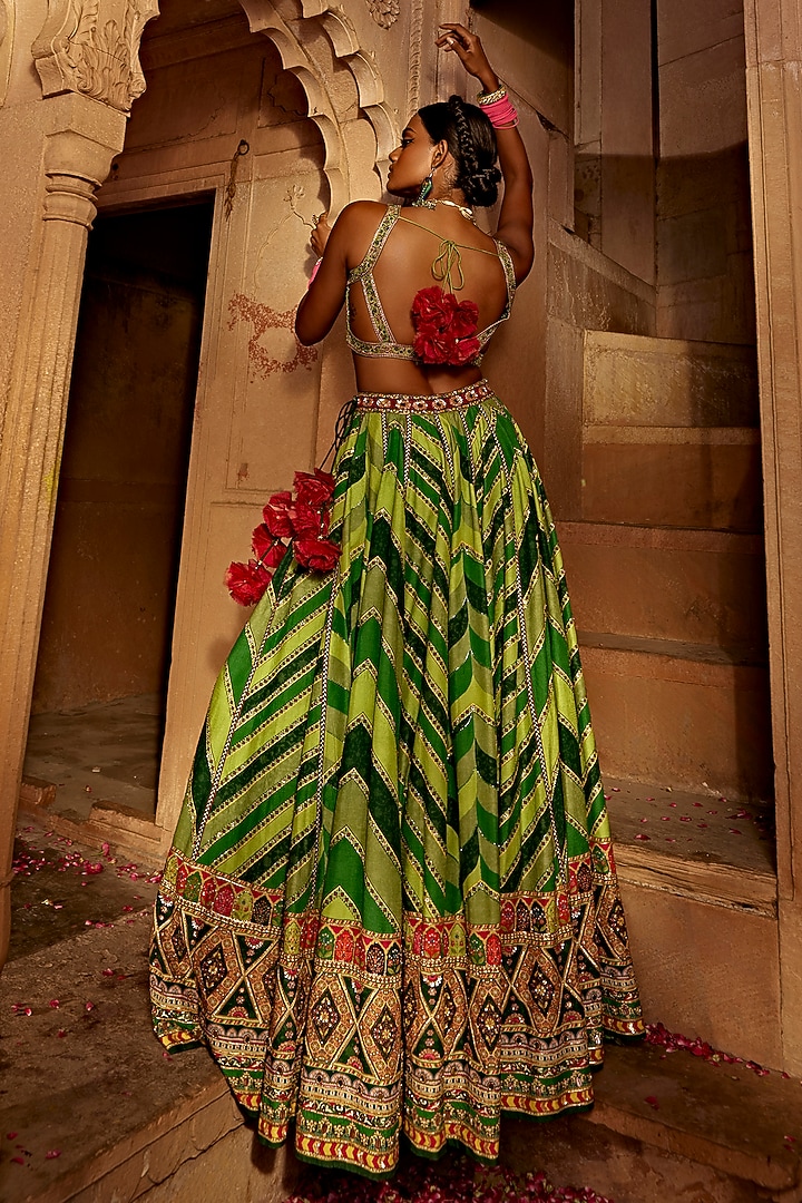 Green Raw Silk Printed Wedding Lehenga Set by Kalista at Pernia's Pop Up Shop