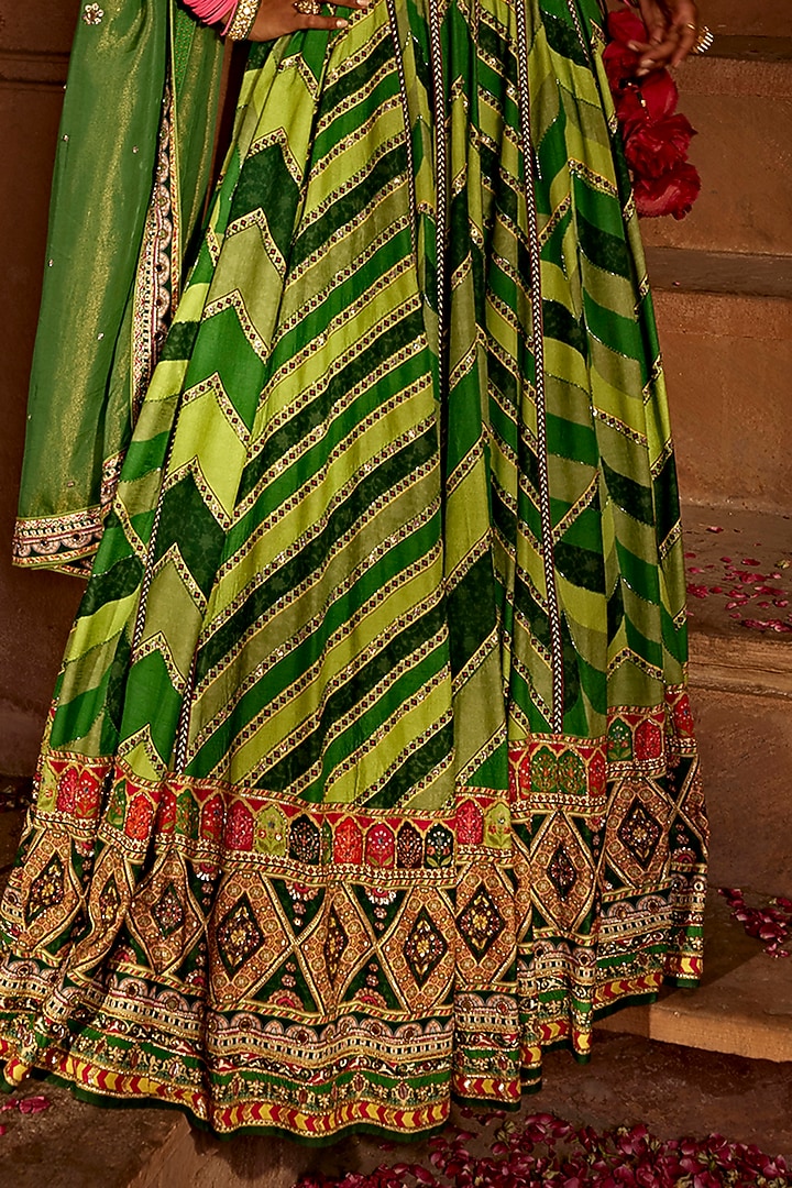 Green Raw Silk Printed Wedding Lehenga Set by Kalista at Pernia's Pop Up Shop