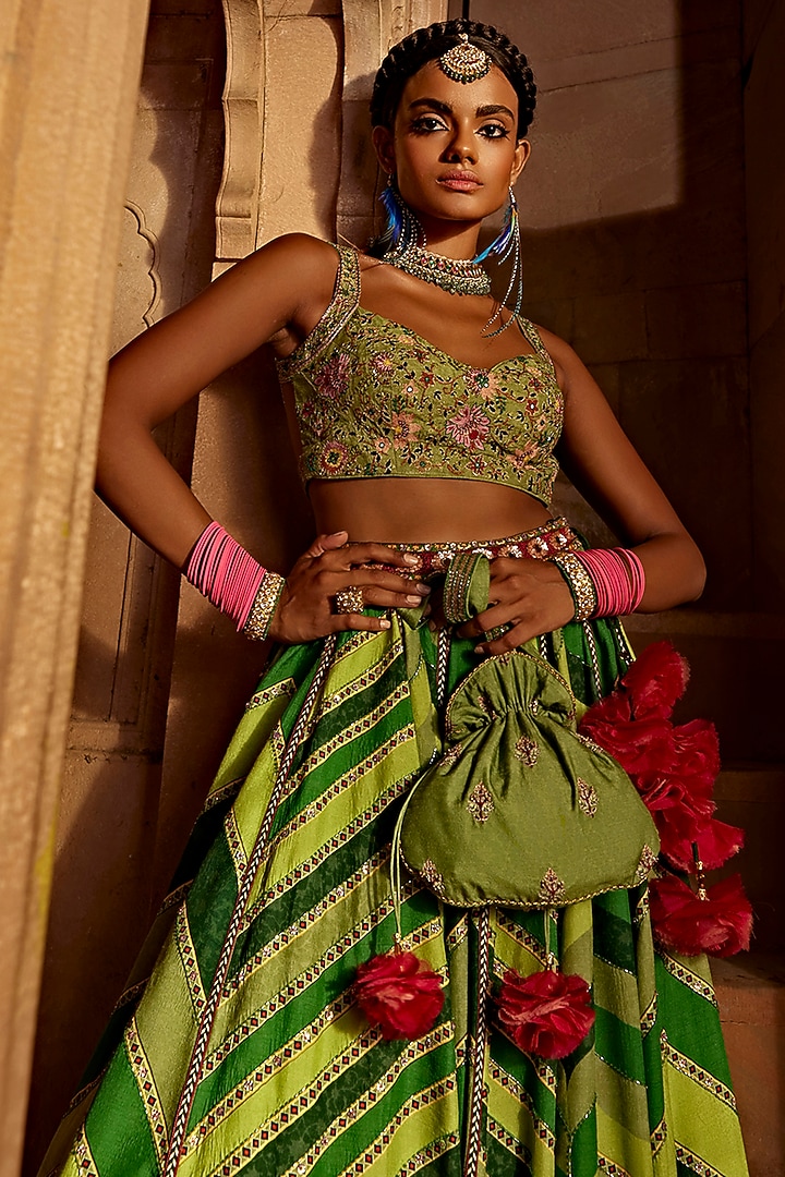 Green Raw Silk Printed Wedding Lehenga Set by Kalista at Pernia's Pop Up Shop