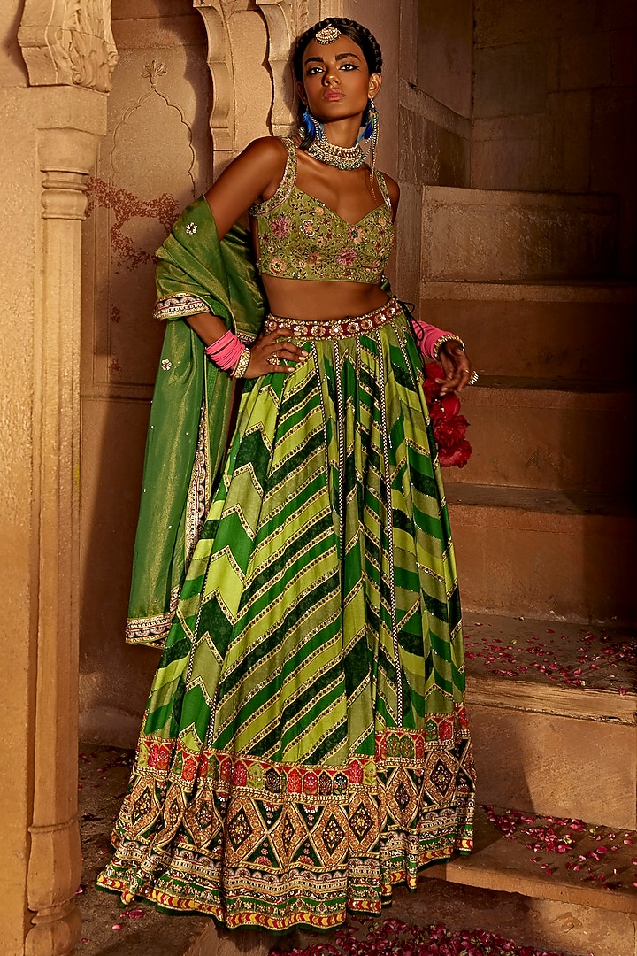 Green Raw Silk Printed Wedding Lehenga Set by Kalista at Pernia's Pop Up Shop