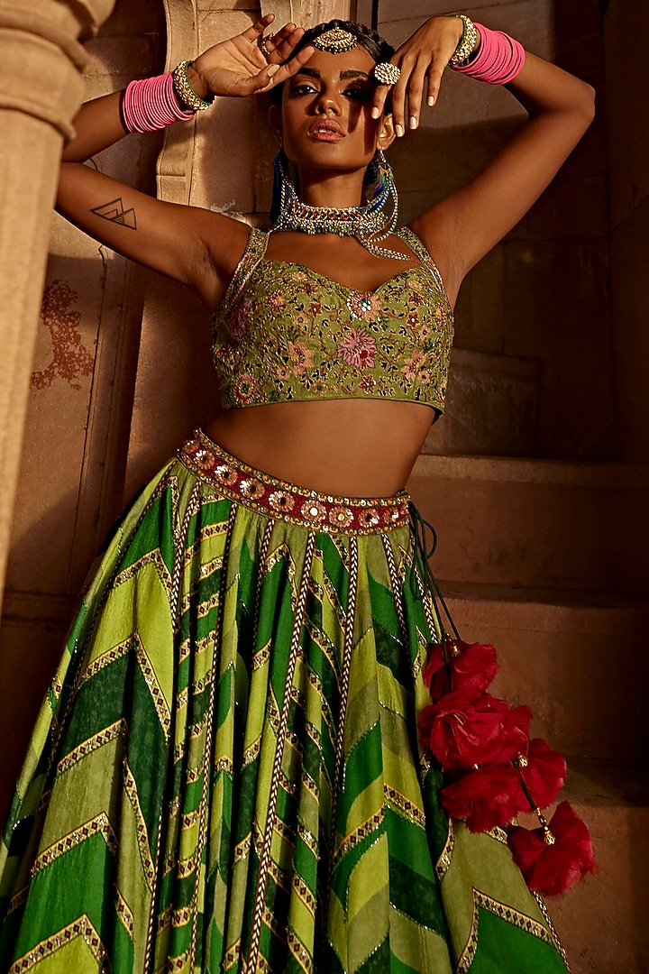 Green Raw Silk Printed Wedding Lehenga Set by Kalista at Pernia's Pop Up Shop