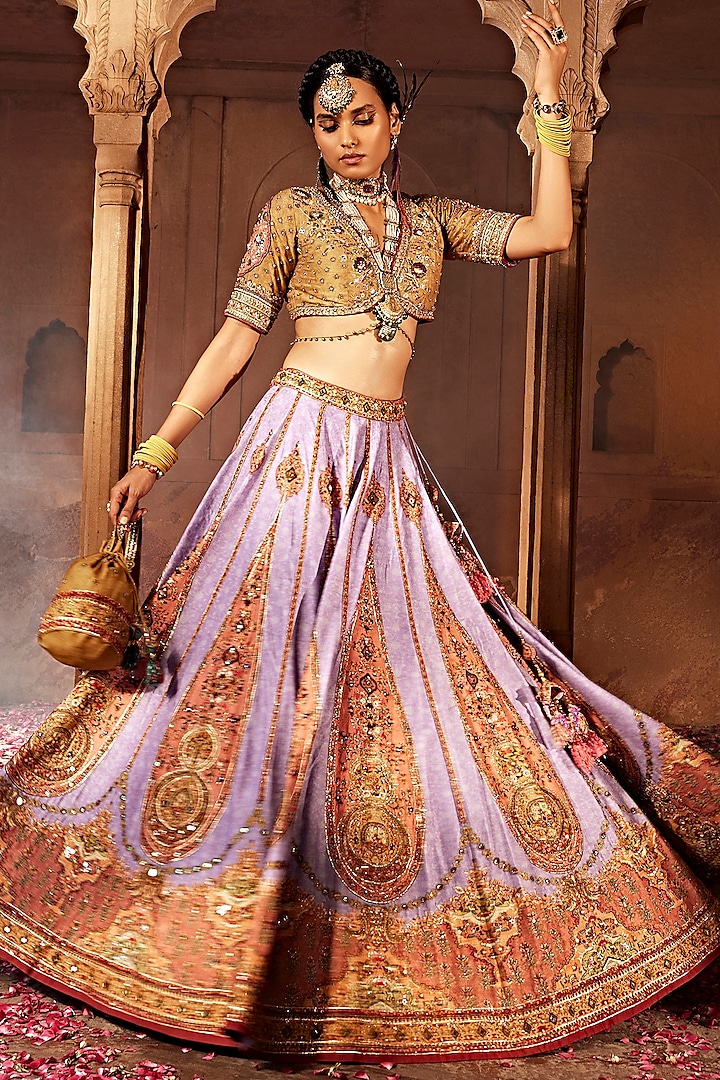 Lilac Raw Silk Hand Embroidered Lehenga Set by Kalista