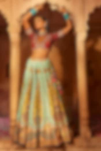 Sky Blue & Yellow Raw Silk Hand Embroidered Wedding Lehenga Set by Kalista at Pernia's Pop Up Shop