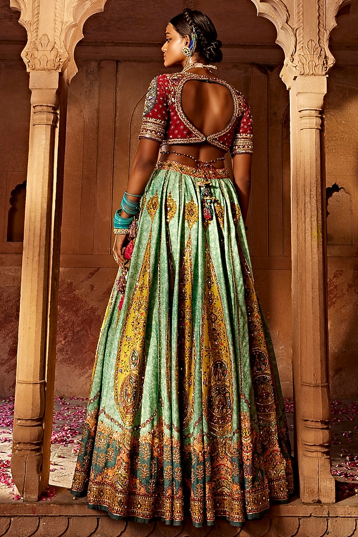 Sky Blue & Yellow Raw Silk Hand Embroidered Wedding Lehenga Set by Kalista at Pernia's Pop Up Shop