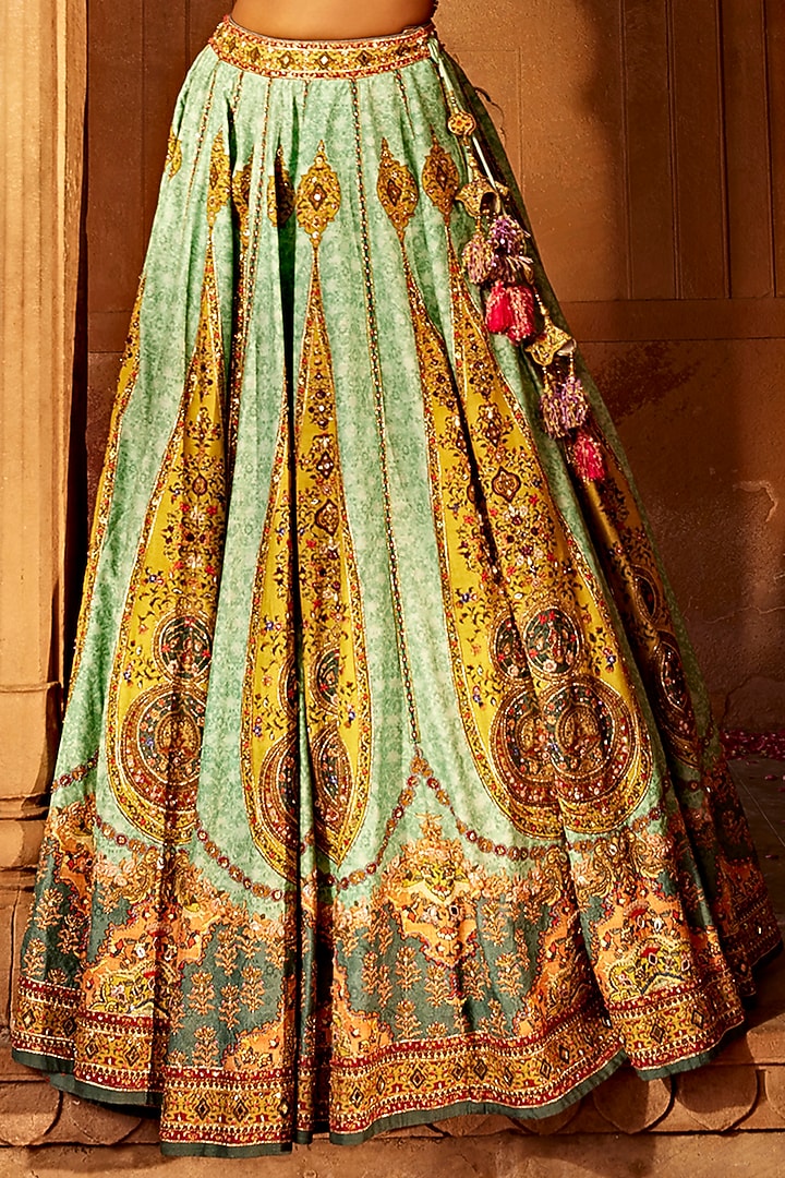 Sky Blue & Yellow Raw Silk Hand Embroidered Wedding Lehenga Set by Kalista at Pernia's Pop Up Shop