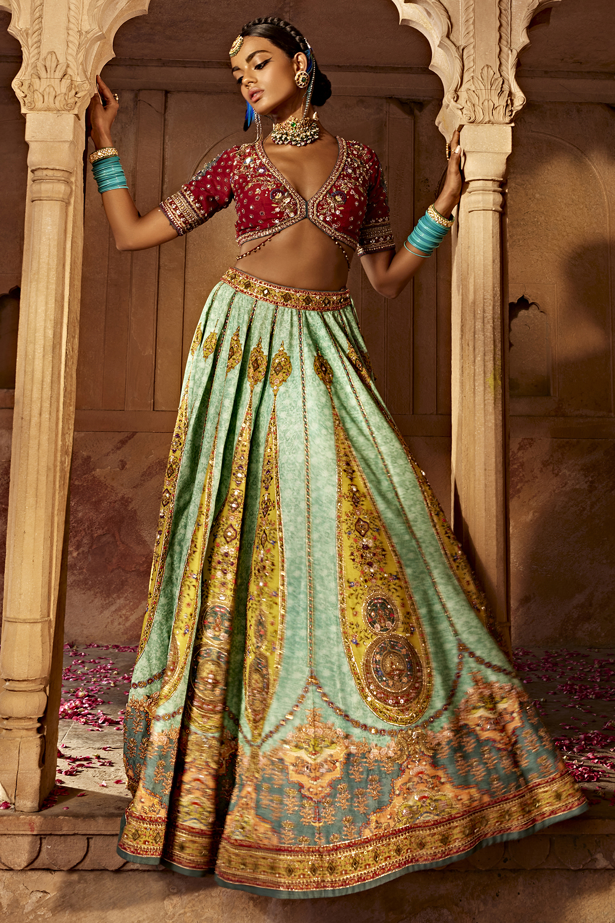 Sky Blue & Yellow Raw Silk Hand Embroidered Wedding Lehenga