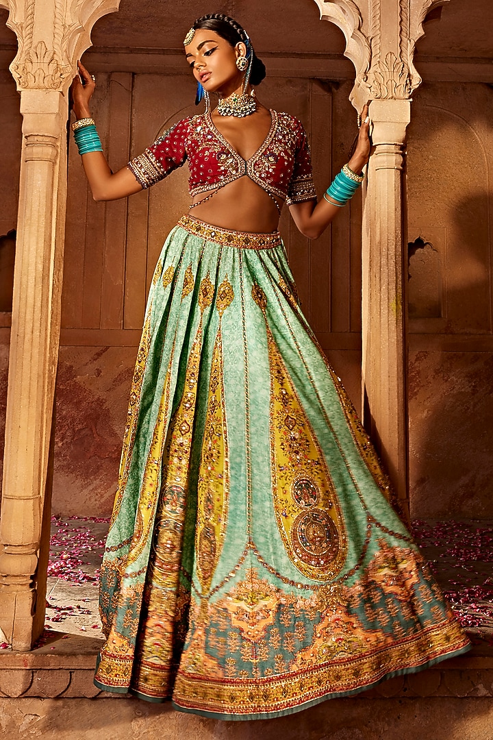 Sky Blue & Yellow Raw Silk Hand Embroidered Wedding Lehenga Set by Kalista at Pernia's Pop Up Shop