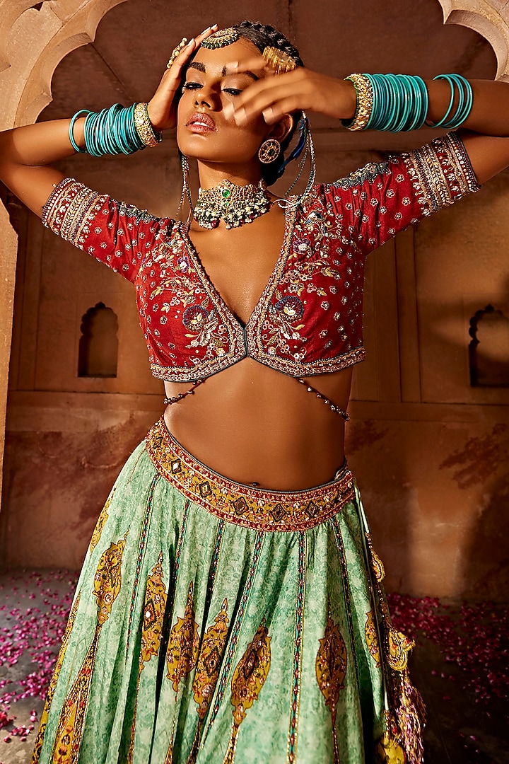 Sky Blue & Yellow Raw Silk Hand Embroidered Wedding Lehenga Set by Kalista at Pernia's Pop Up Shop