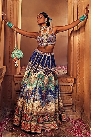 Multi-Colored Raw Silk Hand Embroidered Lehenga Set by Kalista