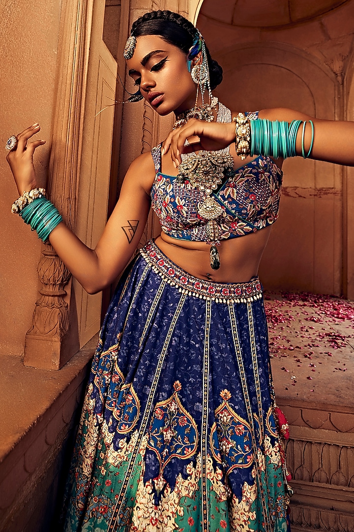 Multi-Colored Raw Silk Hand Embroidered Wedding Lehenga Set by Kalista at Pernia's Pop Up Shop
