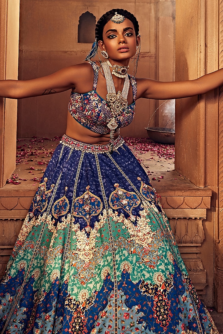 Multi-Colored Raw Silk Hand Embroidered Wedding Lehenga Set by Kalista at Pernia's Pop Up Shop