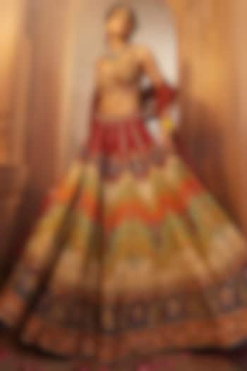 Multi-Colored Raw Silk Hand Embroidered Lehenga Set by Kalista