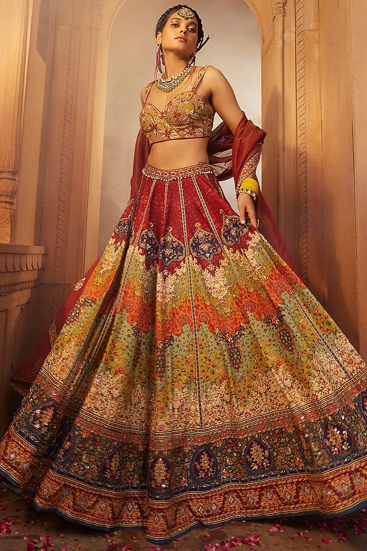 Multi-Colored Raw Silk Hand Embroidered Lehenga Set by Kalista