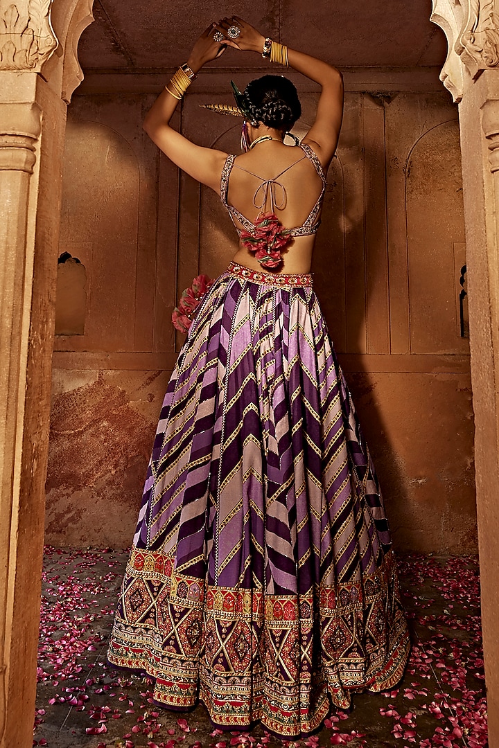 Purple Raw Silk Printed Wedding Lehenga Set by Kalista at Pernia's Pop Up Shop