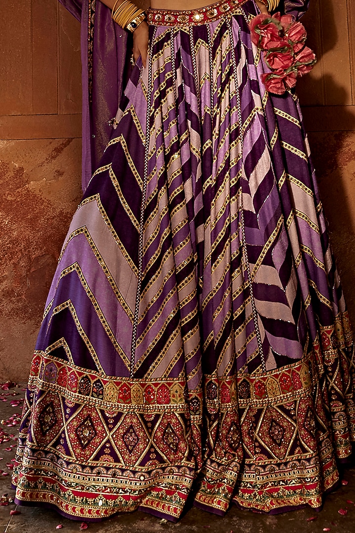 Purple Raw Silk Printed Wedding Lehenga Set by Kalista at Pernia's Pop Up Shop