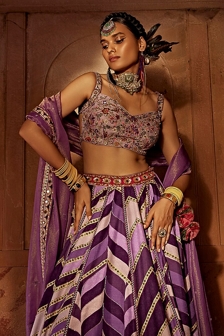 Purple Raw Silk Printed Wedding Lehenga Set by Kalista at Pernia's Pop Up Shop