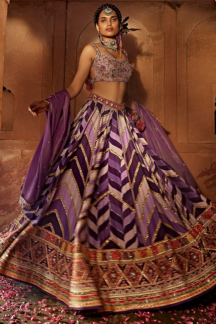 Purple Raw Silk Printed Wedding Lehenga Set by Kalista at Pernia's Pop Up Shop