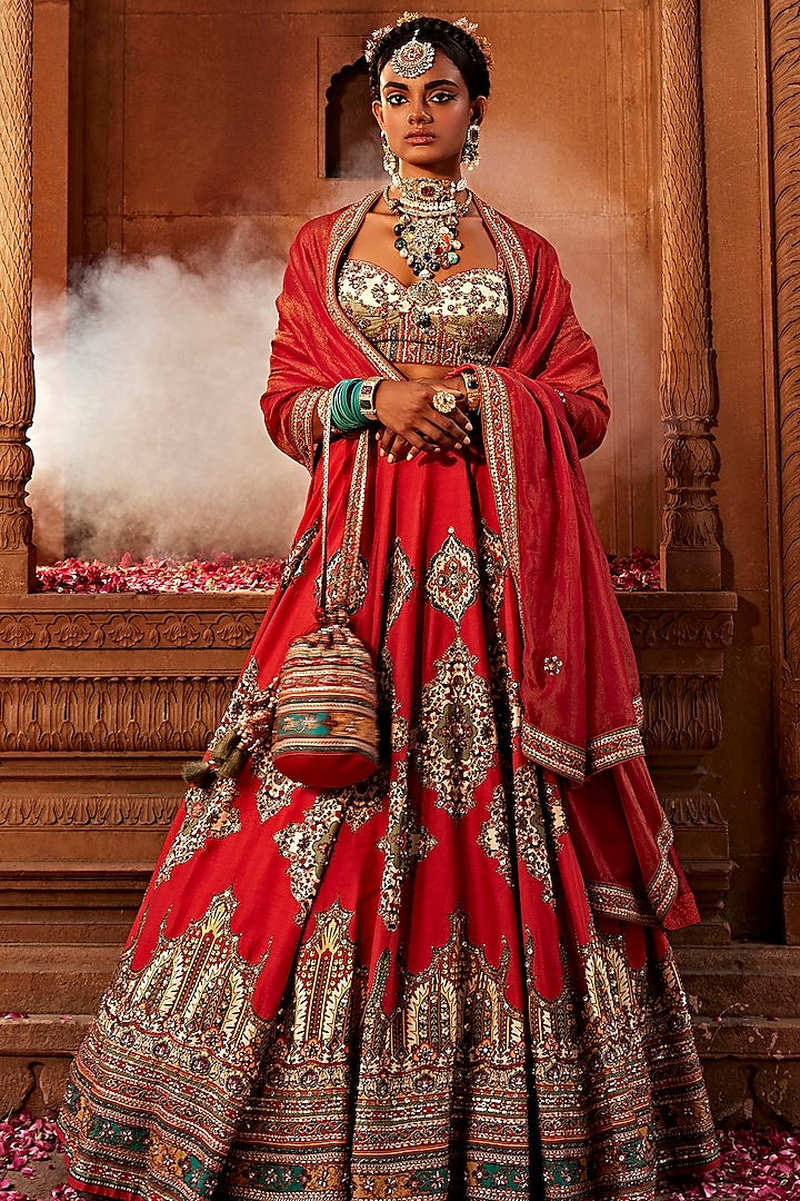 Crimson Red Raw Silk Beads & Sequins Hand Embroidered Lehenga Set by Kalista