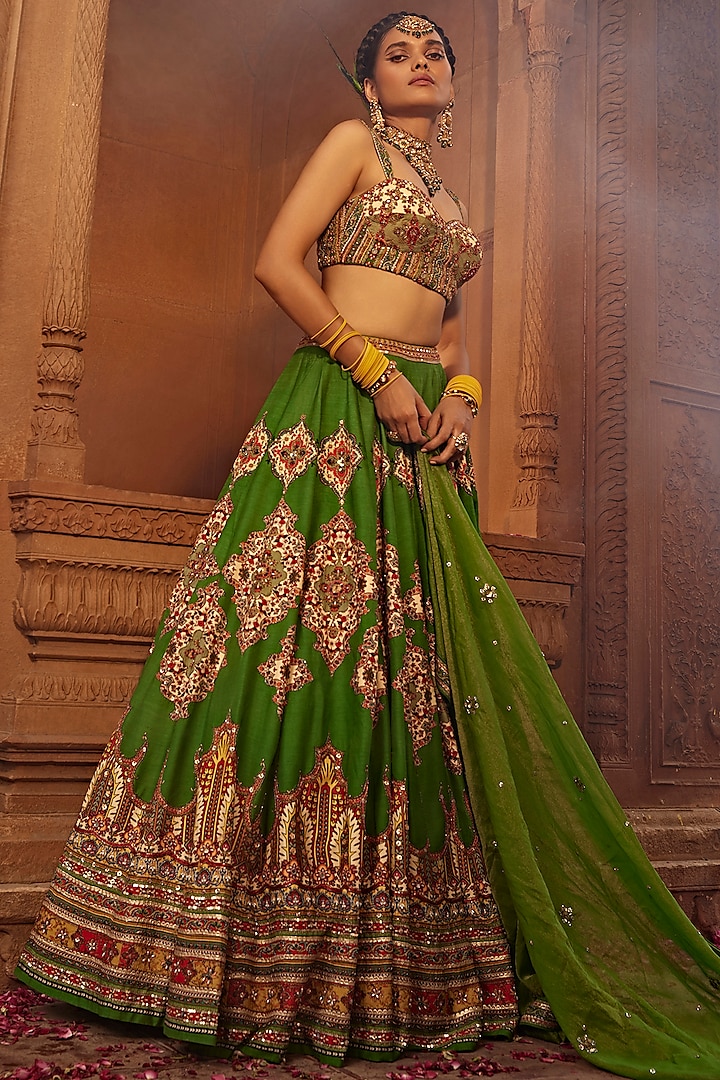 Forest Green Raw Silk Hand Embroidered Lehenga Set by Kalista