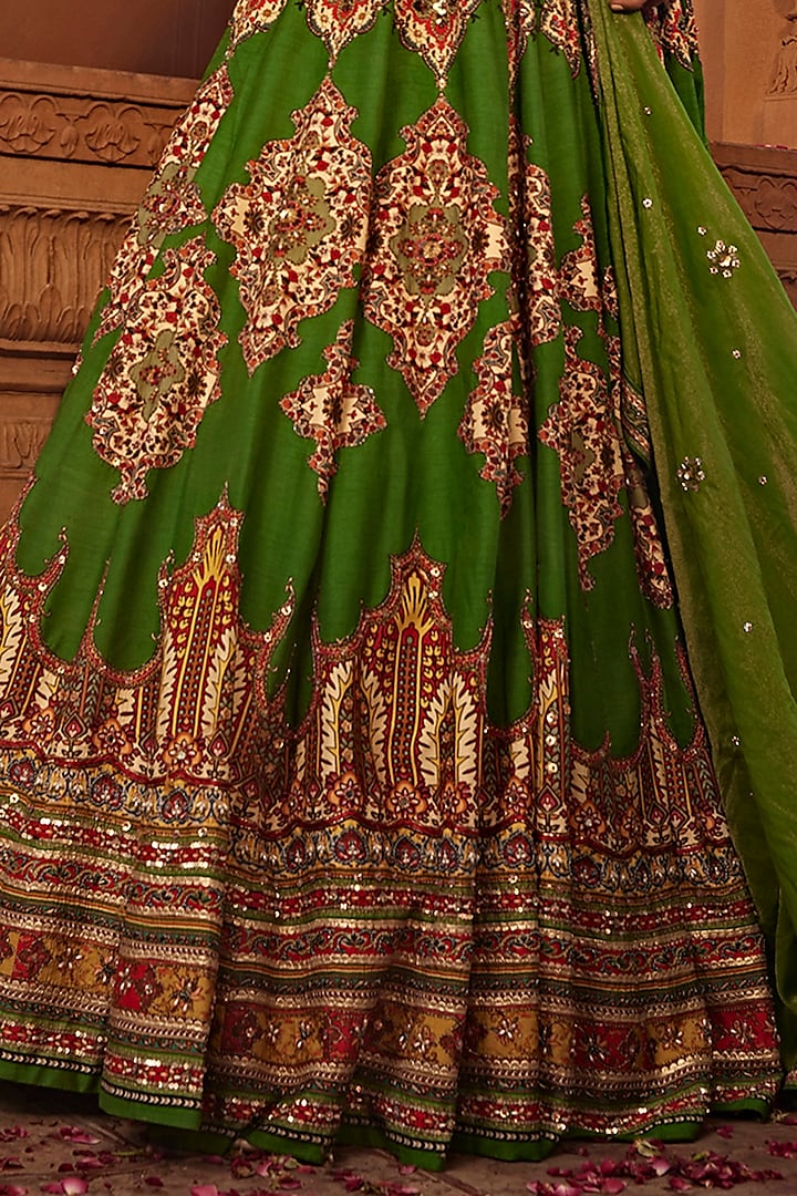 Forest Green Raw Silk Hand Embroidered Wedding Lehenga Set by Kalista at Pernia's Pop Up Shop