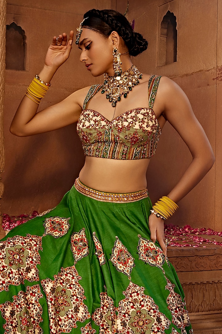 Forest Green Raw Silk Hand Embroidered Wedding Lehenga Set by Kalista at Pernia's Pop Up Shop