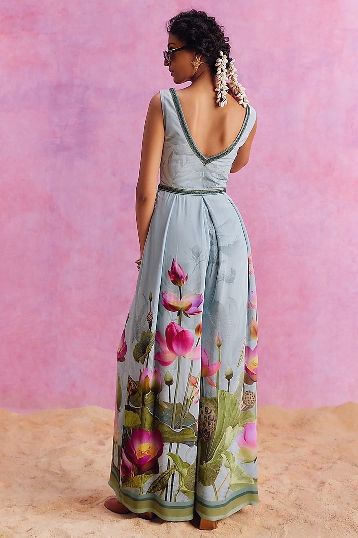 Aqua Blue Viscose Crepe Floral Printed Isra Jumpsuit by Kalista at Pernia's Pop Up Shop