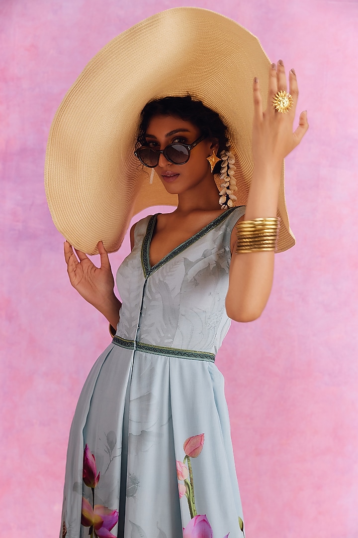 Aqua Blue Viscose Crepe Floral Printed Isra Jumpsuit by Kalista at Pernia's Pop Up Shop