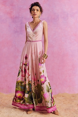 Powder Pink Viscose Crepe Floral Printed Isra Jumpsuit by Kalista