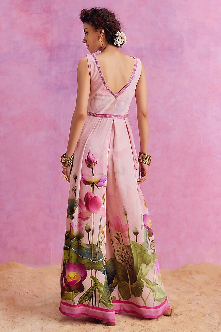 Powder Pink Viscose Crepe Floral Printed Isra Jumpsuit by Kalista at Pernia's Pop Up Shop