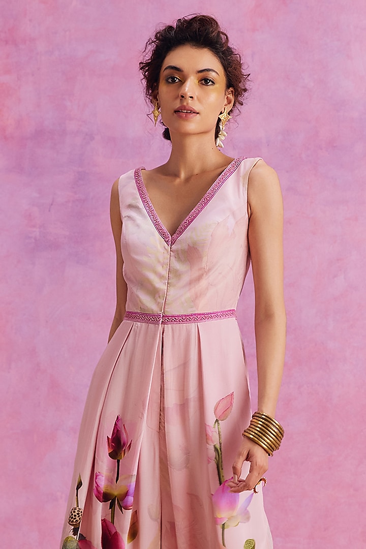 Powder Pink Viscose Crepe Floral Printed Isra Jumpsuit by Kalista at Pernia's Pop Up Shop