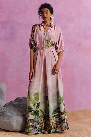 Powder Pink Viscose Crepe Floral Printed Flowy Ciara Jumpsuit by Kalista