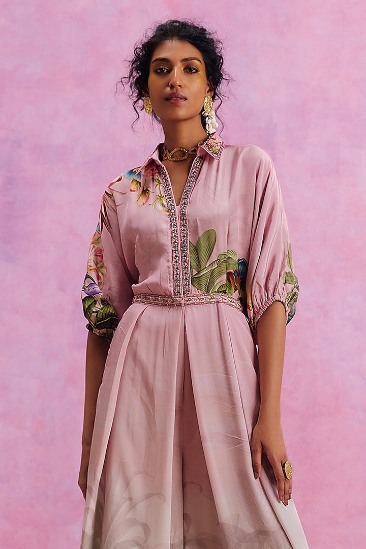 Powder Pink Viscose Crepe Floral Printed Flowy Ciara Jumpsuit by Kalista at Pernia's Pop Up Shop
