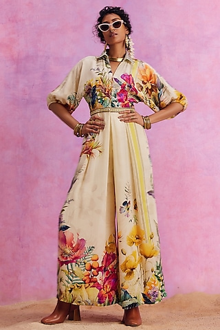 Ivory Viscose Crepe Floral Printed Floriana Jumpsuit by Kalista