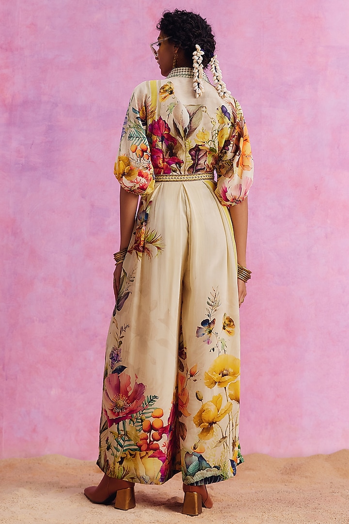 Ivory Viscose Crepe Floral Printed Floriana Jumpsuit by Kalista at Pernia's Pop Up Shop