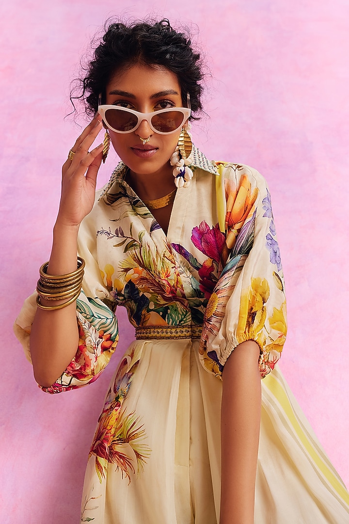 Ivory Viscose Crepe Floral Printed Floriana Jumpsuit by Kalista at Pernia's Pop Up Shop