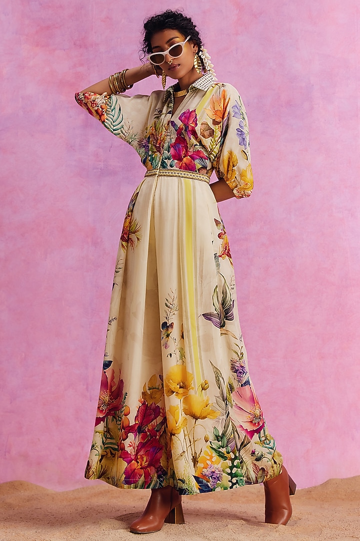 Ivory Viscose Crepe Floral Printed Floriana Jumpsuit by Kalista at Pernia's Pop Up Shop