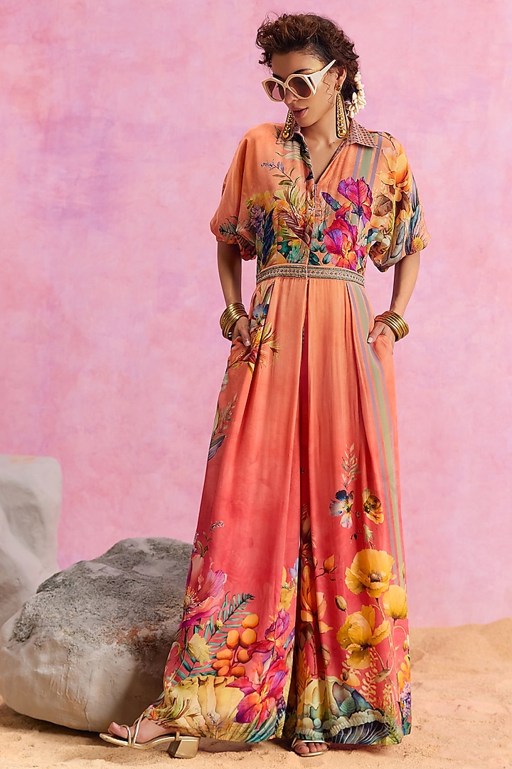 Orange Ombre Viscose Crepe Floral Printed Floriana Jumpsuit by Kalista at Pernia's Pop Up Shop