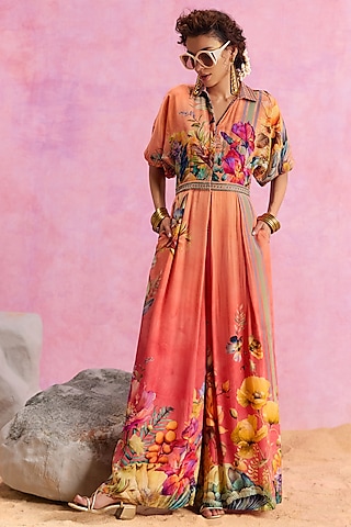 Orange Ombre Viscose Crepe Floral Printed Floriana Jumpsuit by Kalista