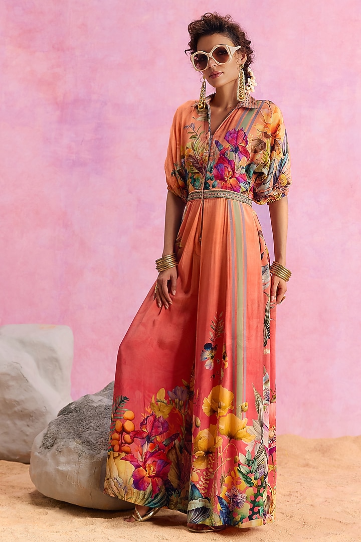Orange Ombre Viscose Crepe Floral Printed Floriana Jumpsuit by Kalista at Pernia's Pop Up Shop