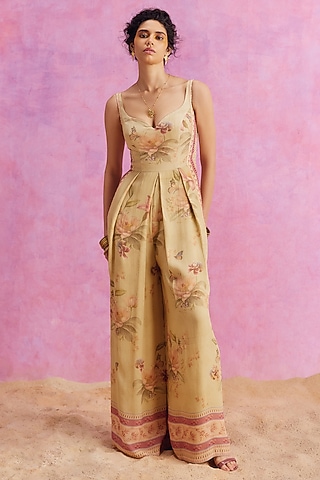 Lime Green Viscose Crepe Floral Printed Pleated Ciara Jumpsuit by Kalista