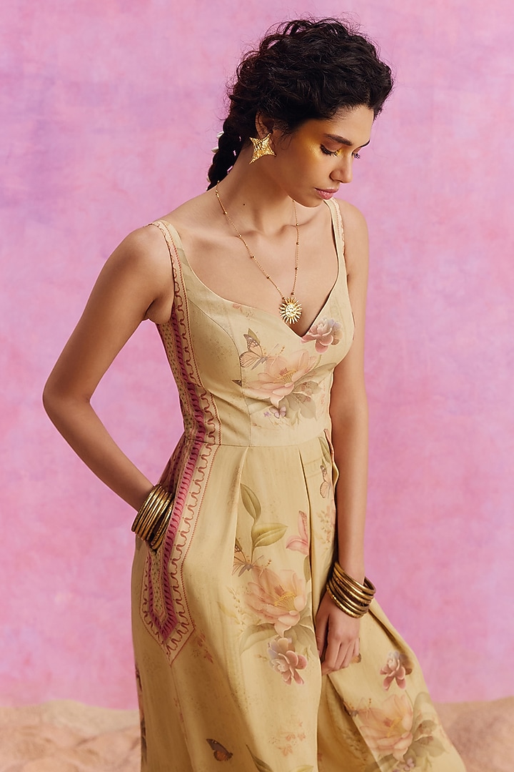 Lime Green Viscose Crepe Floral Printed Pleated Ciara Jumpsuit by Kalista at Pernia's Pop Up Shop